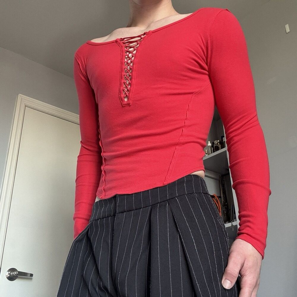 We The Free Red Lace Up Top Womens XS Cotton Blend Slim Fit Free People